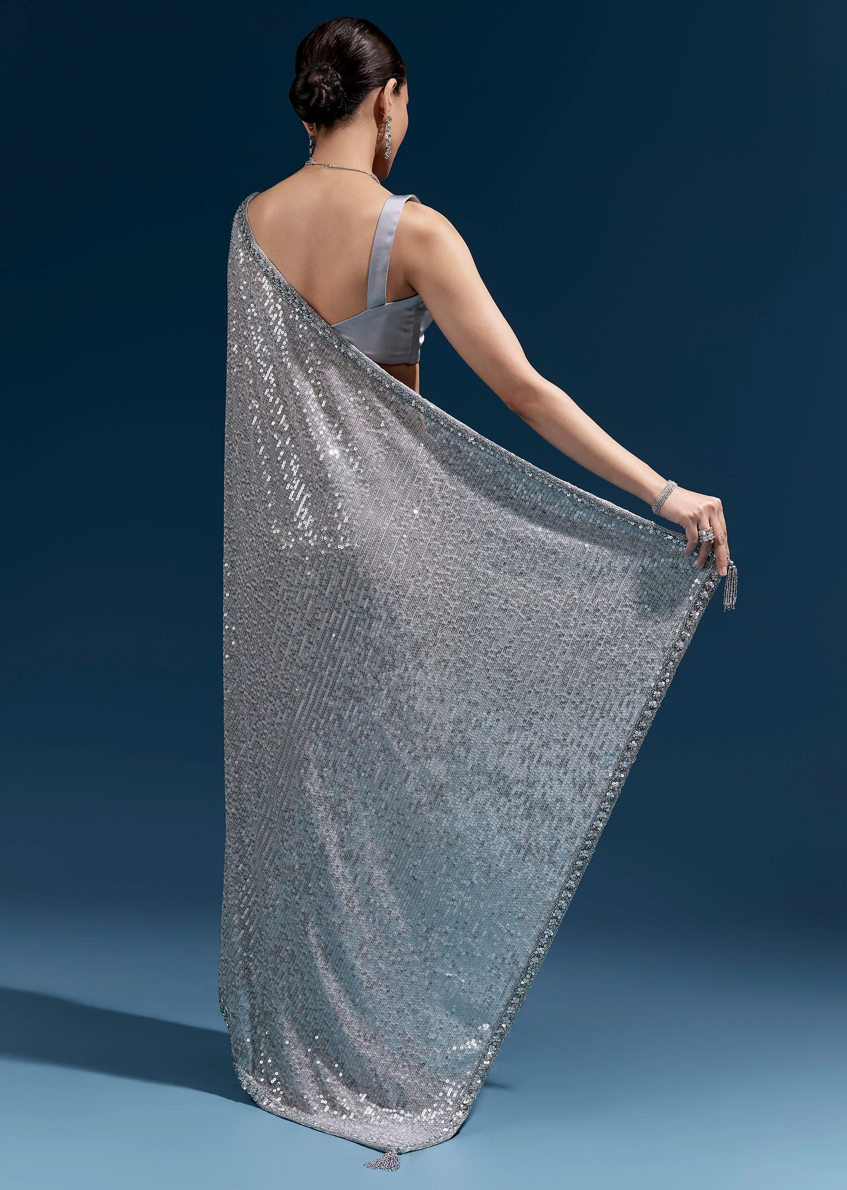 Grey Net Sequin Saree With Linear All Over Work And Hand Embroidered Floral Border