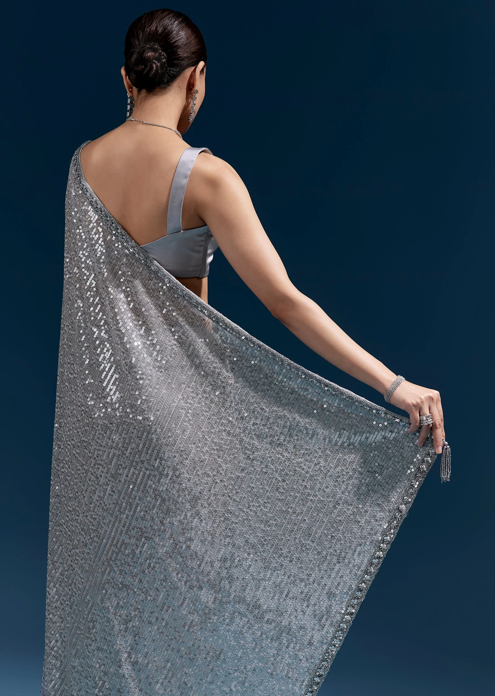 Grey Net Sequin Saree With Linear All Over Work And Hand Embroidered Floral Border