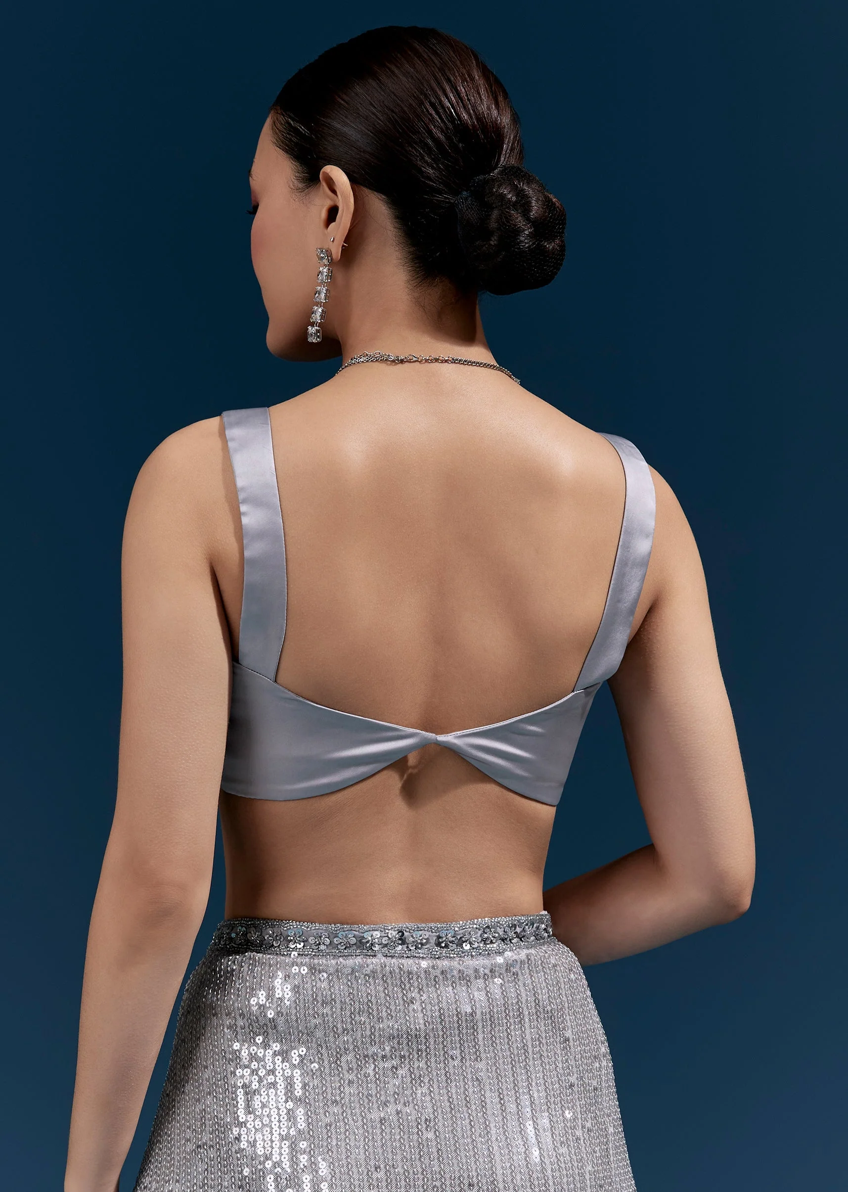 Grey Net Sequin Saree With Linear All Over Work And Hand Embroidered Floral Border