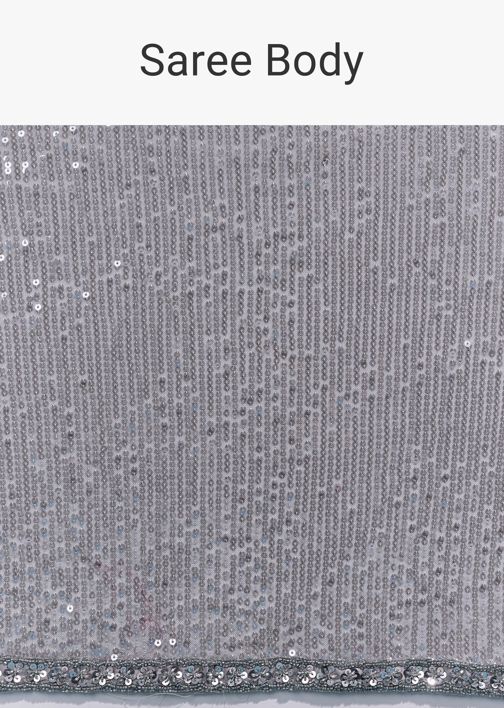 Grey Net Sequin Saree With Linear All Over Work And Hand Embroidered Floral Border