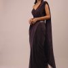 Plum Saree With Moti And Cut Dana Fringes Detailing On The Pallu And A Spaghetti Straps Crop Top With An Embroidered Belt In Fringes