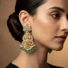 Gold Plated Green Chandelier Earrings With Intricate Kundan Work