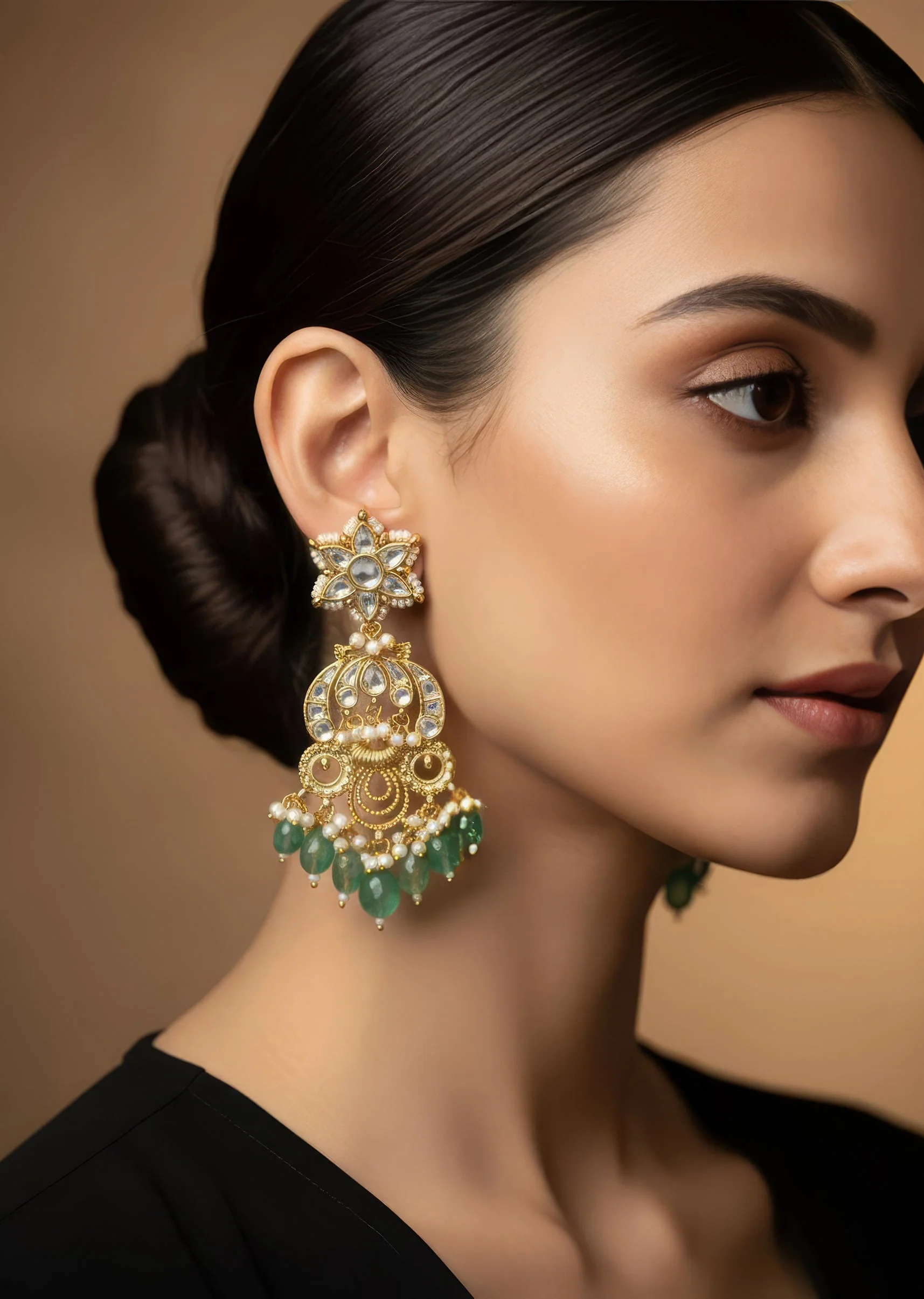 Gold Plated Green Chandelier Earrings With Intricate Kundan Work
