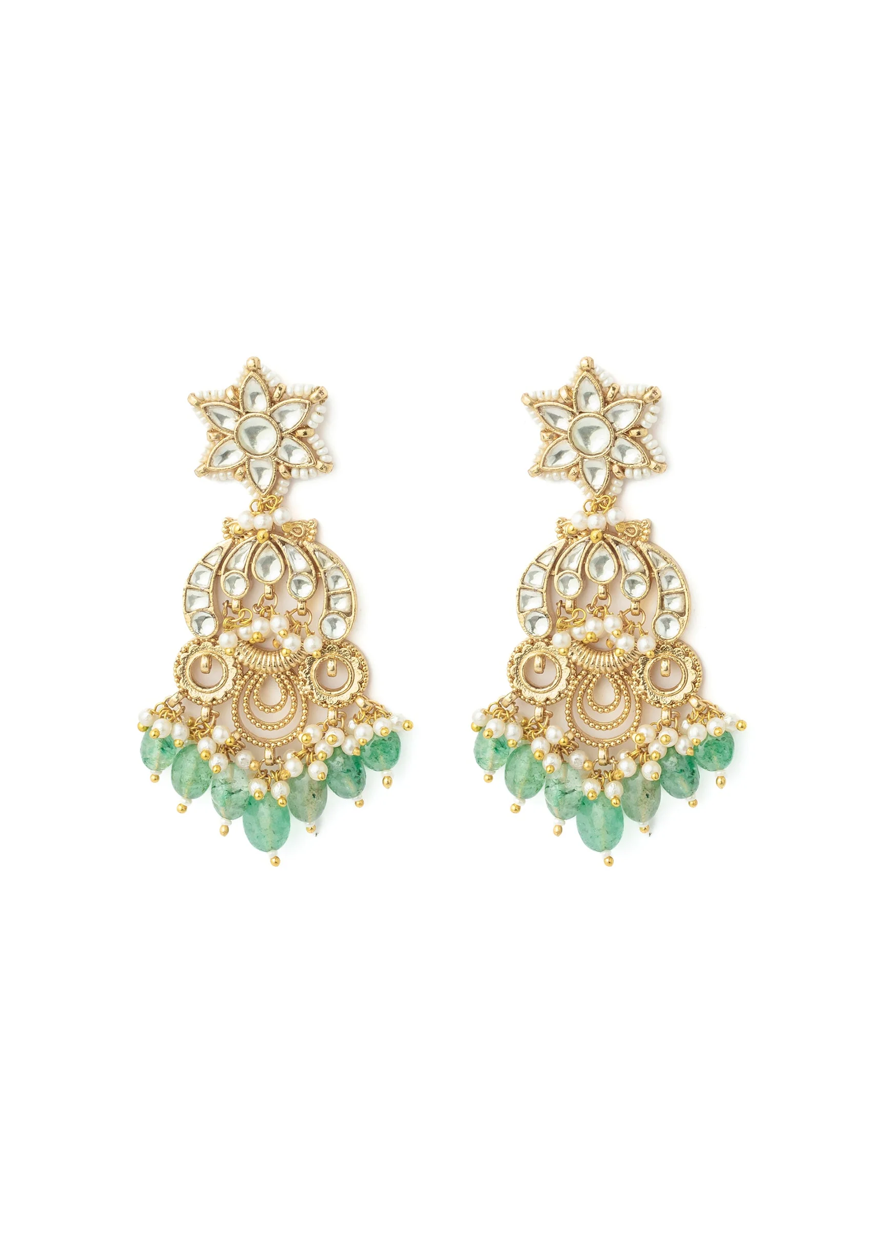 Gold Plated Green Chandelier Earrings With Intricate Kundan Work