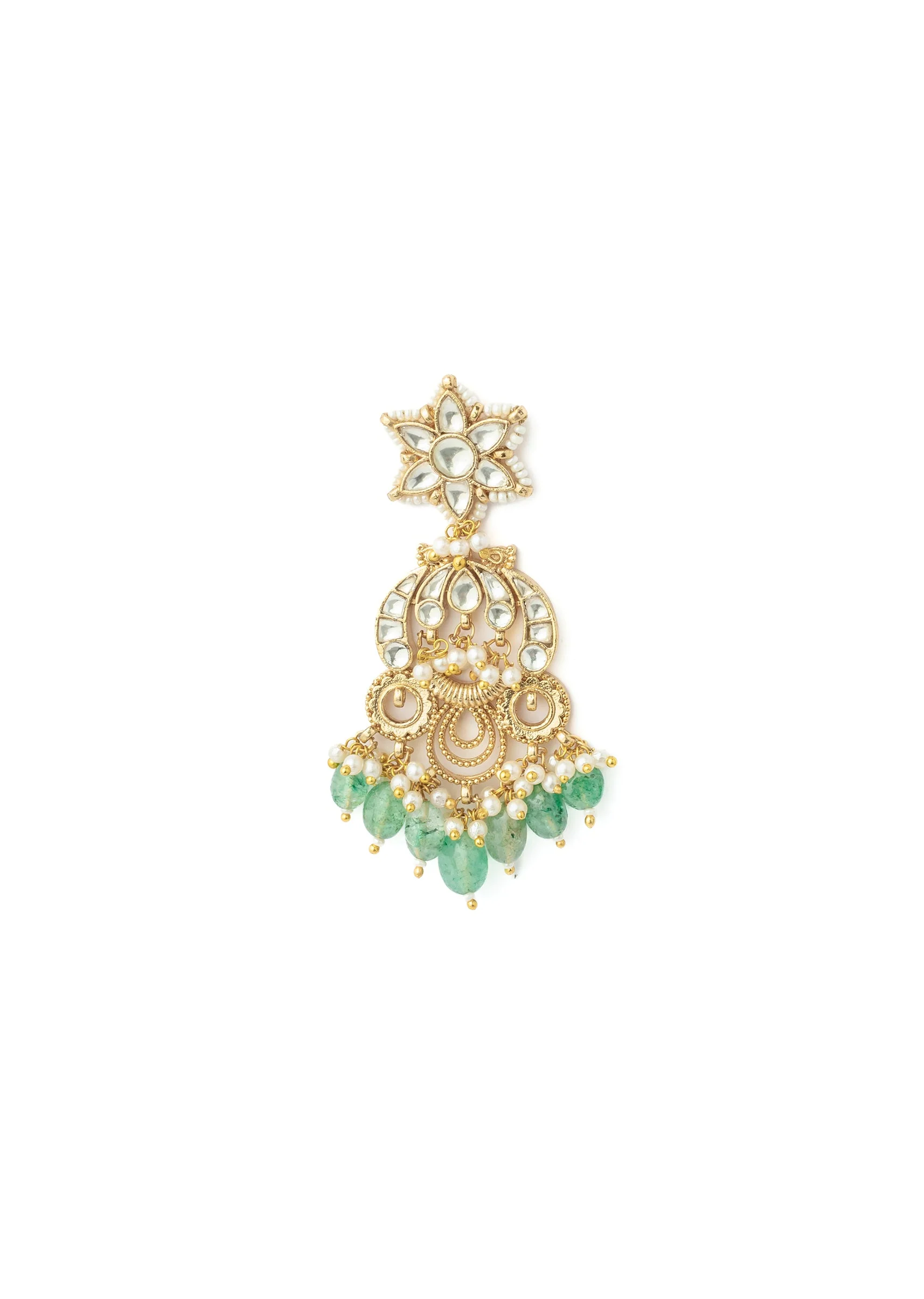 Gold Plated Green Chandelier Earrings With Intricate Kundan Work