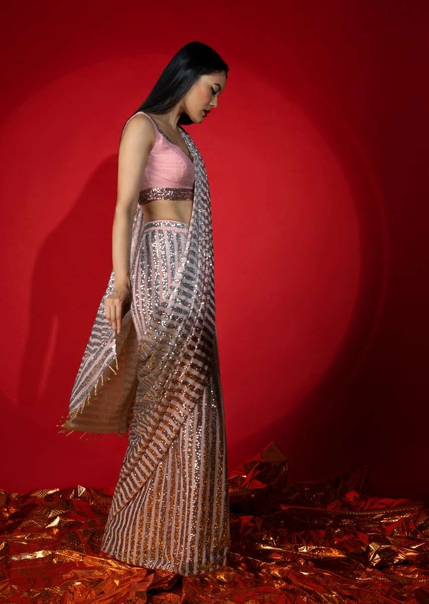 Rose Pink Ombre Ready Pleated Saree Embellished In Sequins With A Raw Silk Blouse Embellished With Sequins