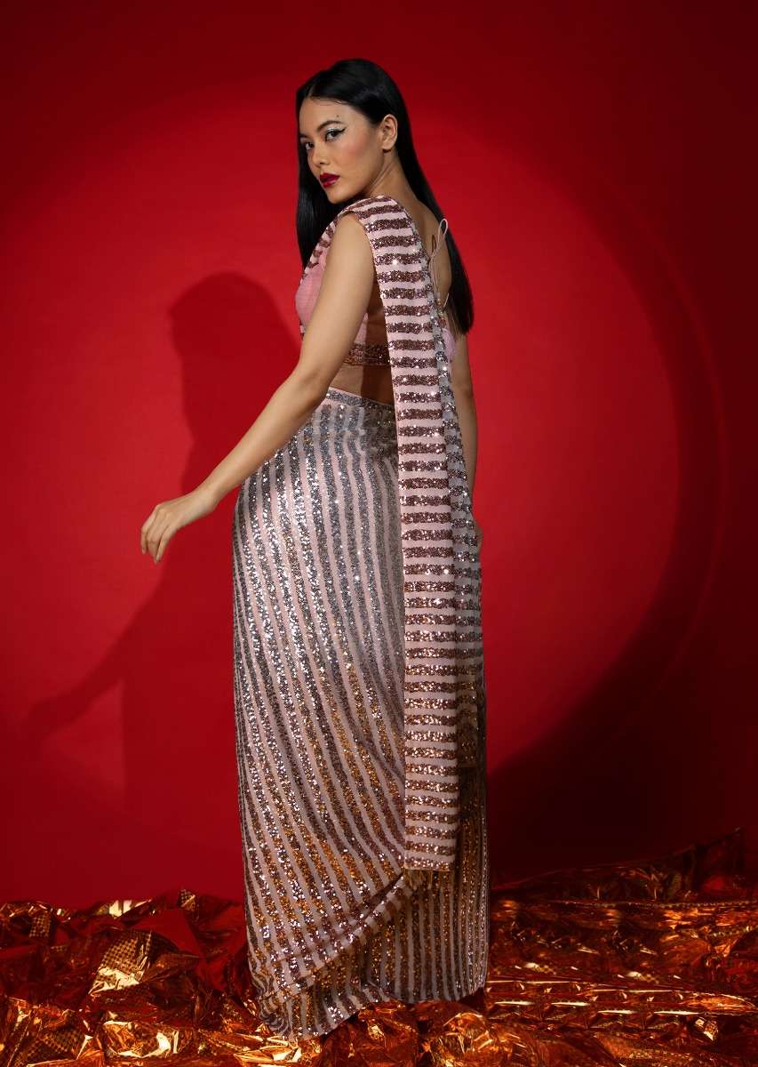 Rose Pink Ombre Ready Pleated Saree Embellished In Sequins With A Raw Silk Blouse Embellished With Sequins