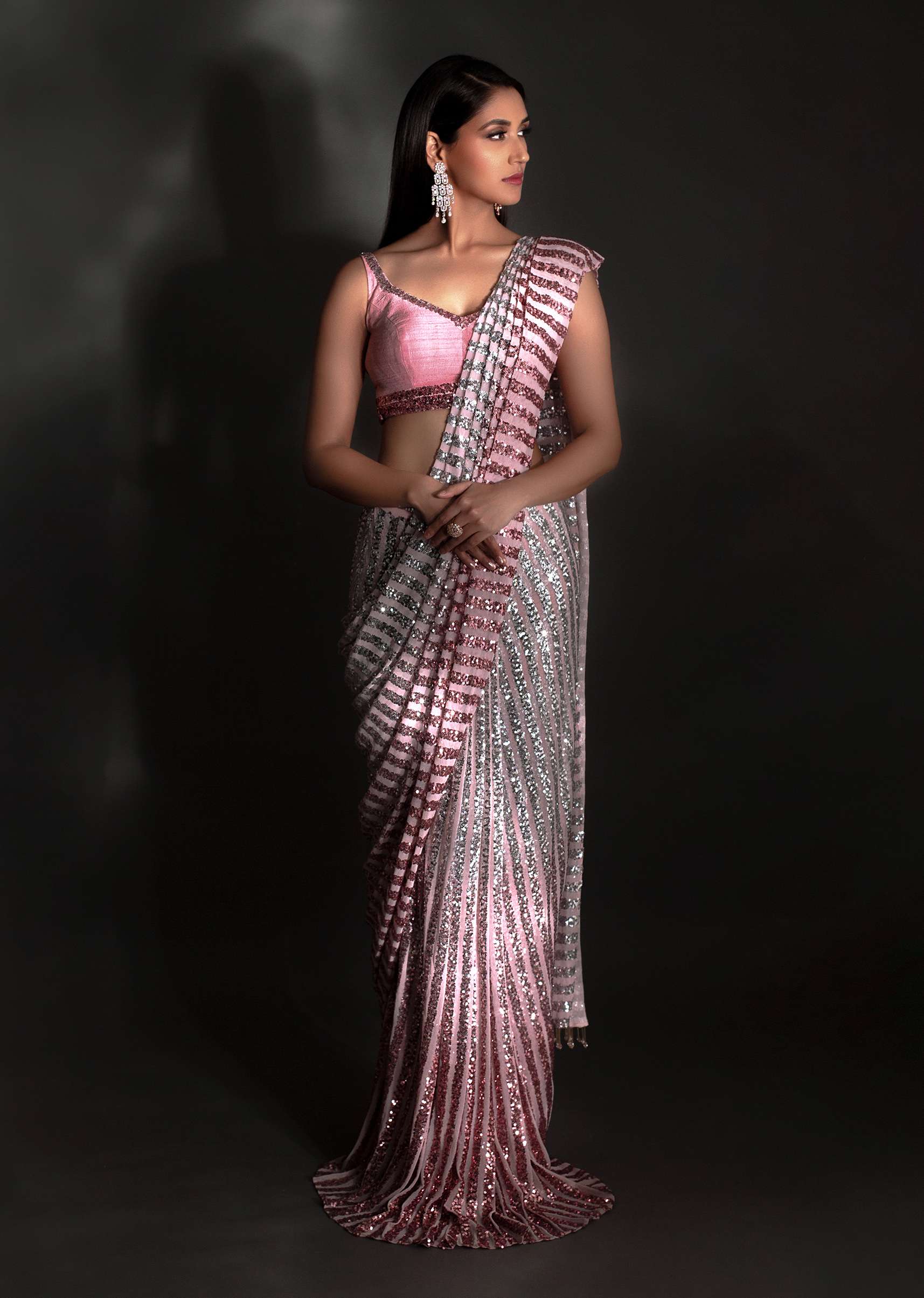 Rose Pink Ombre Ready Pleated Saree Embellished In Sequins With A Raw Silk Blouse Embellished With Sequins