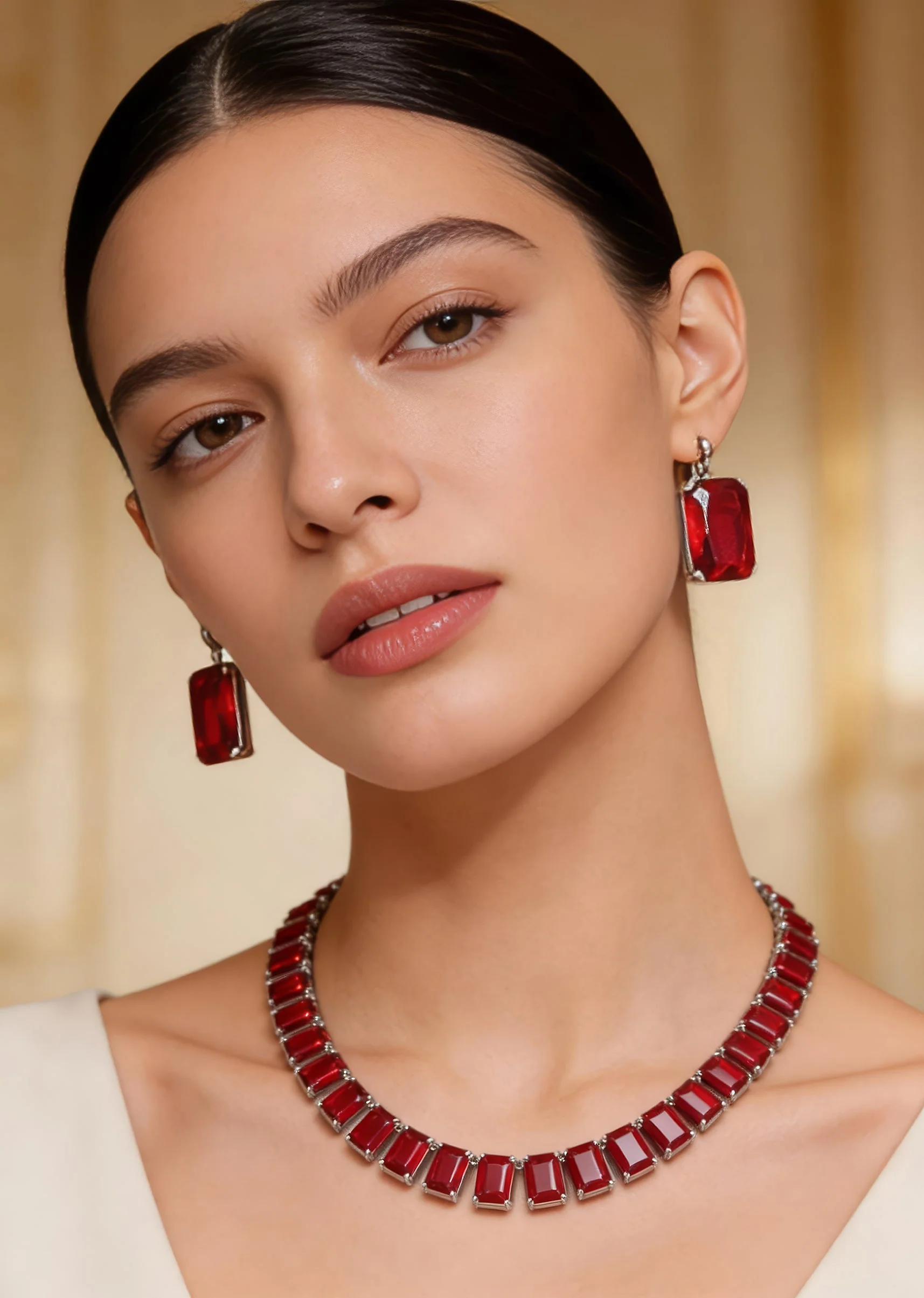 Silver Plated Red Short Necklace Set With Earrings