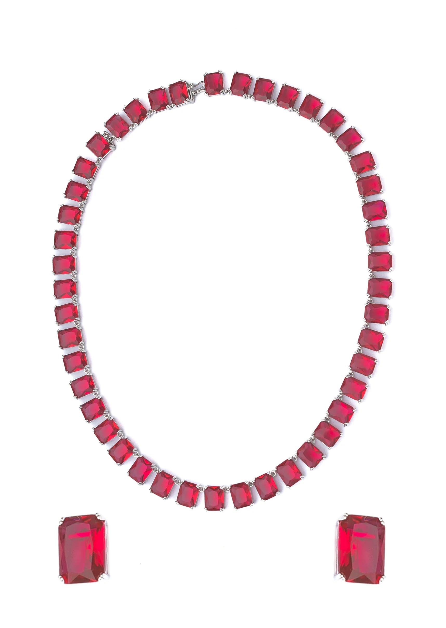 Silver Plated Red Short Necklace Set With Earrings