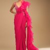 Hot Pink Readymade Saree In Crepe With Ruffle Frill On The Pallu And Beads Embroidered Crop Top And Belt