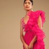 Hot Pink Readymade Saree In Crepe With Ruffle Frill On The Pallu And Beads Embroidered Crop Top And Belt