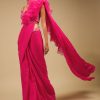 Hot Pink Readymade Saree In Crepe With Ruffle Frill On The Pallu And Beads Embroidered Crop Top And Belt