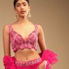 Hot Pink Readymade Saree In Crepe With Ruffle Frill On The Pallu And Beads Embroidered Crop Top And Belt