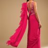 Hot Pink Readymade Saree In Crepe With Ruffle Frill On The Pallu And Beads Embroidered Crop Top And Belt
