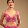Hot Pink Readymade Saree In Crepe With Ruffle Frill On The Pallu And Beads Embroidered Crop Top And Belt
