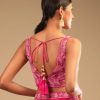 Hot Pink Readymade Saree In Crepe With Ruffle Frill On The Pallu And Beads Embroidered Crop Top And Belt