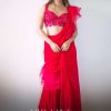 Hot Pink Readymade Saree In Crepe With Ruffle Frill On The Pallu And Beads Embroidered Crop Top And Belt