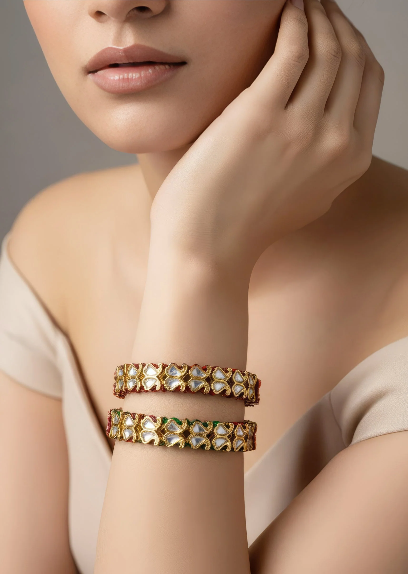Gold Plated Bangles With Red Green Enamel And White Stones