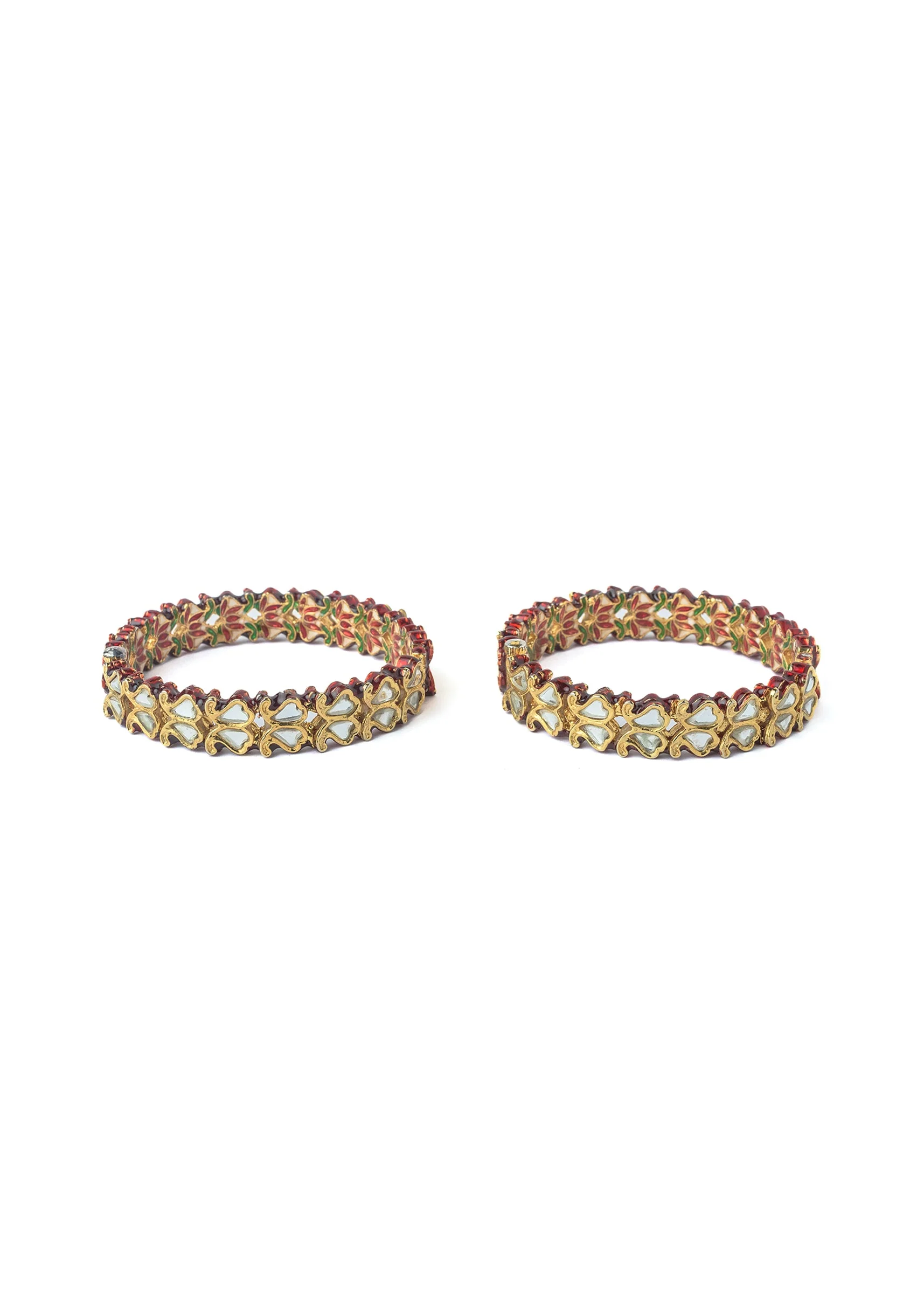 Gold Plated Bangles With Red Green Enamel And White Stones