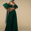 Bottle Green Palazzo Suit With A Cold Shoulder Crop Top Featuring Short Bell Sleeves And Multi Colored Hand Embroidery