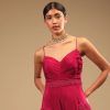Rani Pink Jumpsuit In Crepe With Tiered Flare, Pleated Bodice And 3D Embroidered Belt And Pocket Detail