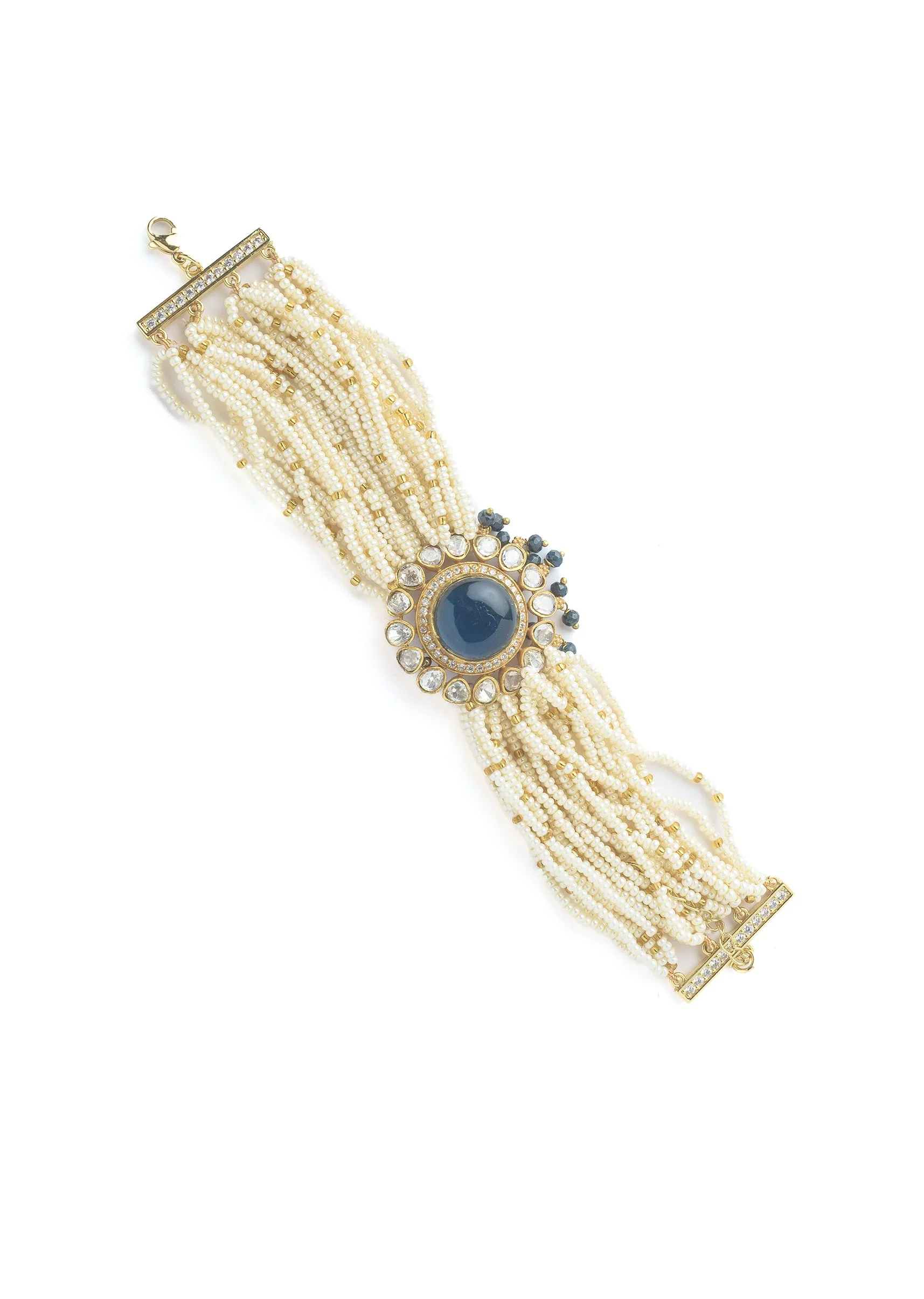 Gold Plated Blue Kundan Polki Bracelet