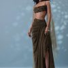 Dusty Brown Embroidered Indowestern Drape Skirt And Blouse In Lycra Sequins With Matching Choker