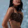 Dusty Brown Embroidered Indowestern Drape Skirt And Blouse In Lycra Sequins With Matching Choker