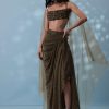 Dusty Brown Embroidered Indowestern Drape Skirt And Blouse In Lycra Sequins With Matching Choker