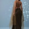 Dusty Brown Embroidered Indowestern Drape Skirt And Blouse In Lycra Sequins With Matching Choker
