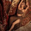 Dusty Brown Embroidered Indowestern Drape Skirt And Blouse In Lycra Sequins With Matching Choker