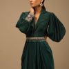 Dark Pine Green High Low Gown With Collar Neckline, Bishop Sleeves And Multicolor Handwork On The Cuffs