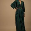 Dark Pine Green High Low Gown With Collar Neckline, Bishop Sleeves And Multicolor Handwork On The Cuffs