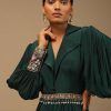 Dark Pine Green High Low Gown With Collar Neckline, Bishop Sleeves And Multicolor Handwork On The Cuffs