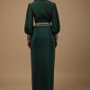 Dark Pine Green High Low Gown With Collar Neckline, Bishop Sleeves And Multicolor Handwork On The Cuffs