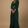 Dark Pine Green High Low Gown With Collar Neckline, Bishop Sleeves And Multicolor Handwork On The Cuffs