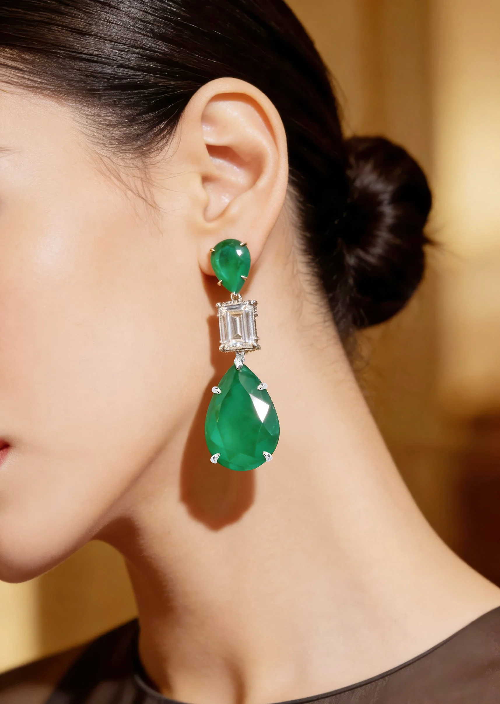Silver Plated Green Diamond Drop Earrings