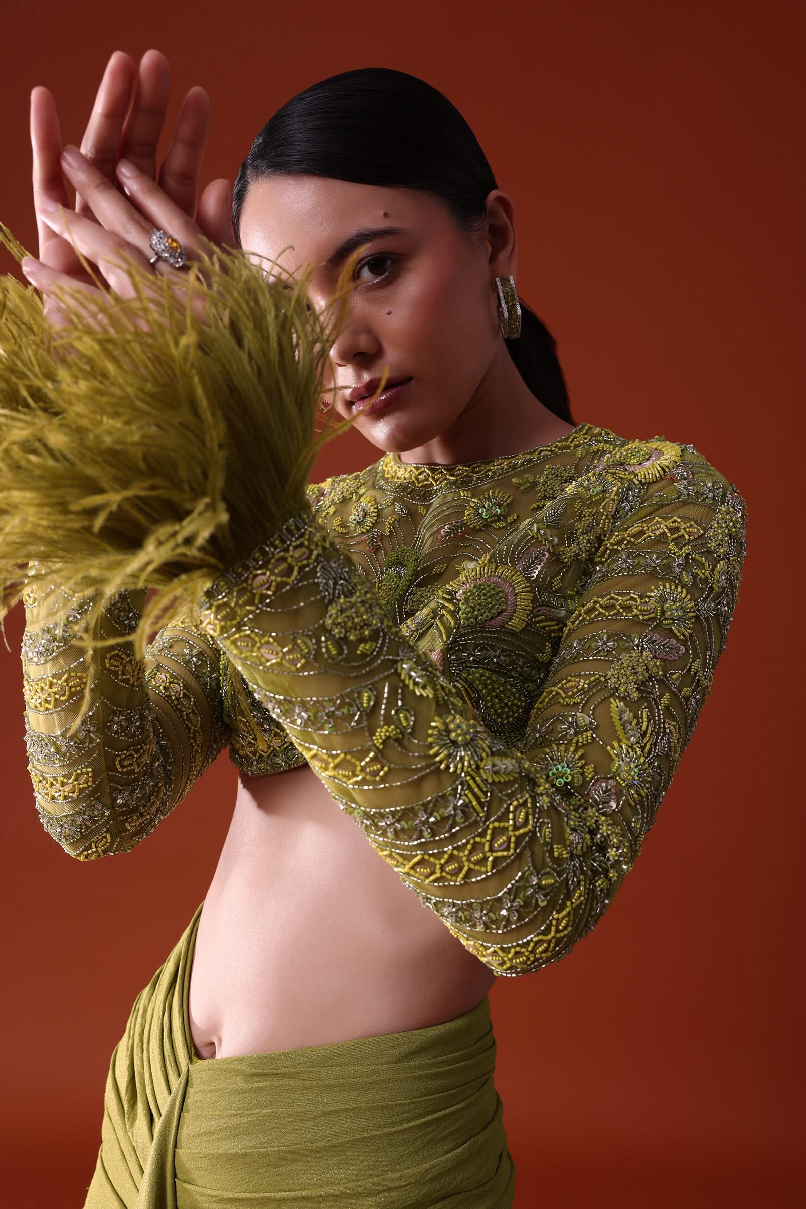 Citrus Green imported Fabric Net Draped Trail Skirt With Feather Embellished Bustier