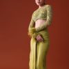 Citrus Green imported Fabric Net Draped Trail Skirt With Feather Embellished Bustier