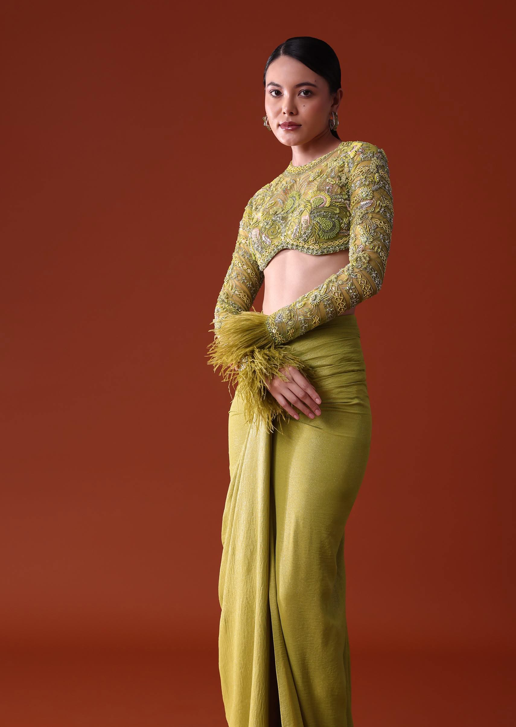 Citrus Green imported Fabric Net Draped Trail Skirt With Feather Embellished Bustier