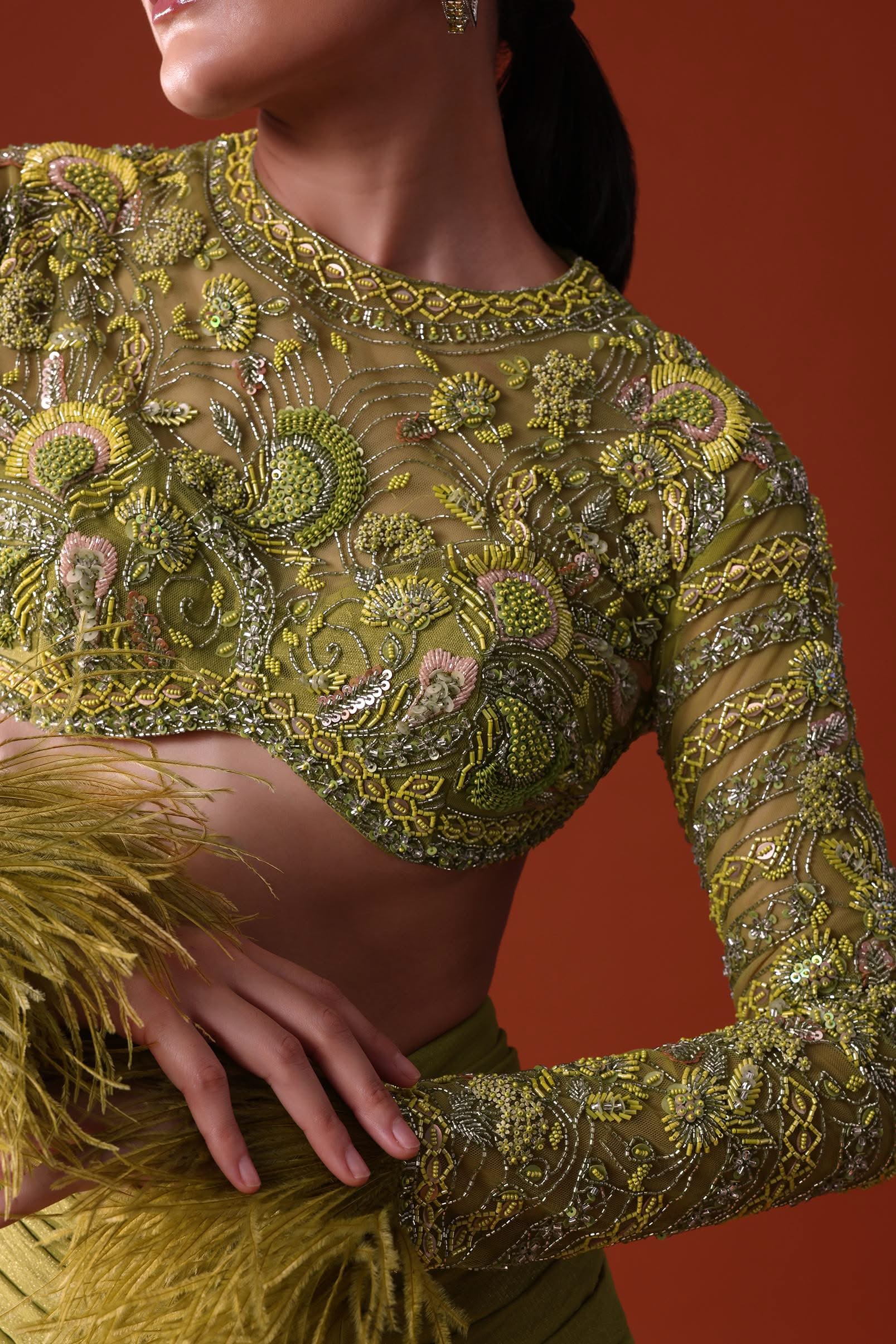 Citrus Green imported Fabric Net Draped Trail Skirt With Feather Embellished Bustier