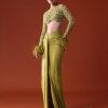 Citrus Green imported Fabric Net Draped Trail Skirt With Feather Embellished Bustier