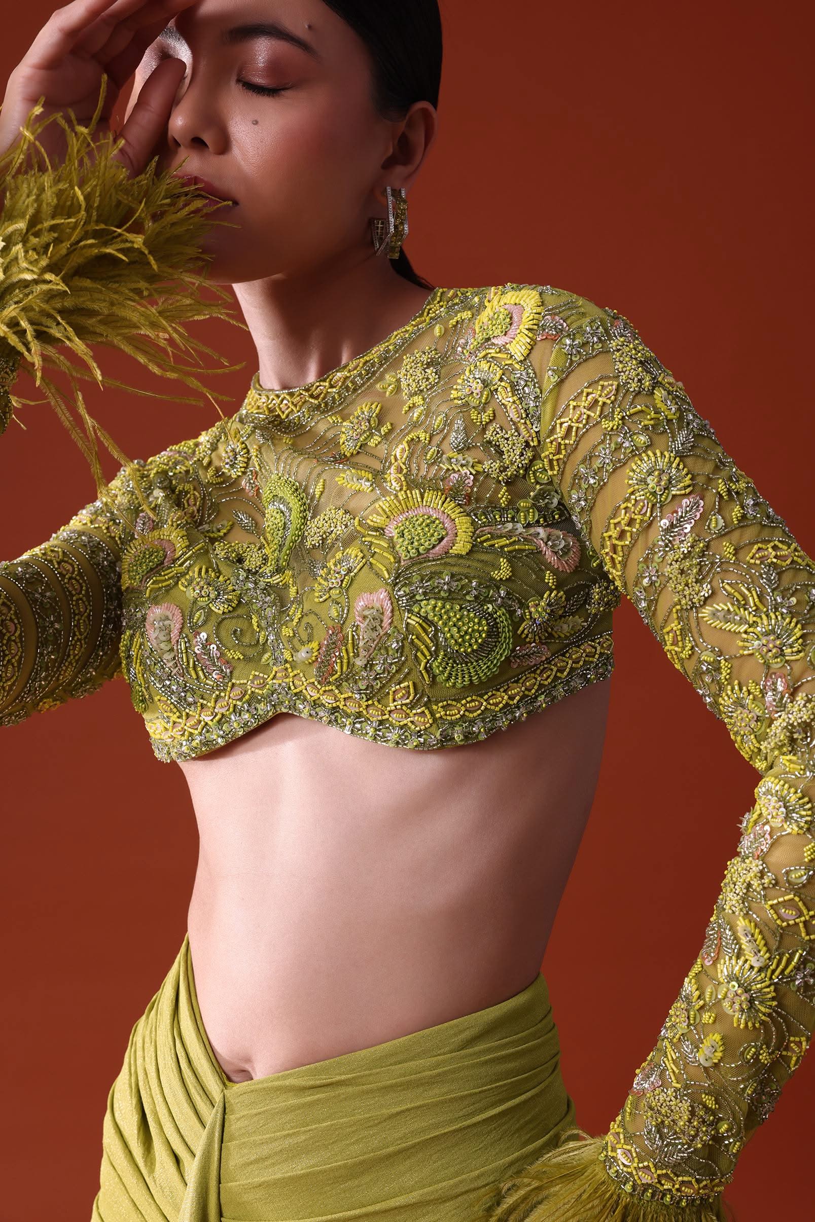 Citrus Green imported Fabric Net Draped Trail Skirt With Feather Embellished Bustier