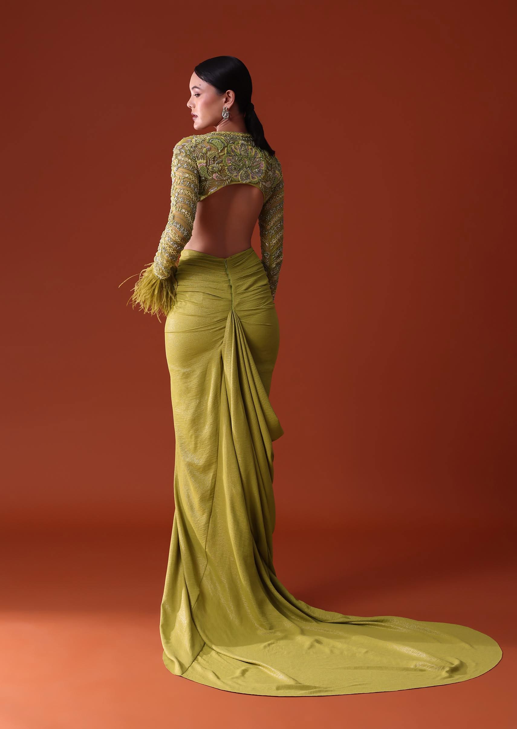 Citrus Green imported Fabric Net Draped Trail Skirt With Feather Embellished Bustier