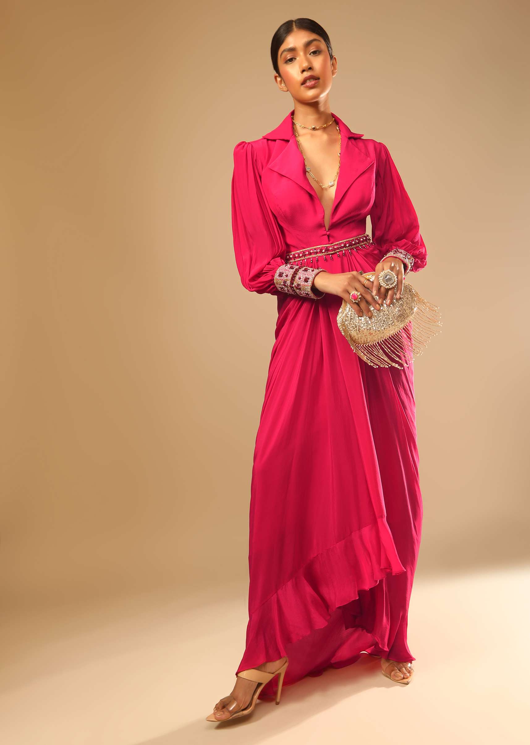 8756-hot-pink-dress-with-a-chunky-embroidered-bishop-sleeves-and-collar-neckline-1.jpg Hot Pink Dress With A Chunky Embroidered Bishop Sleeves And Collar Neckline