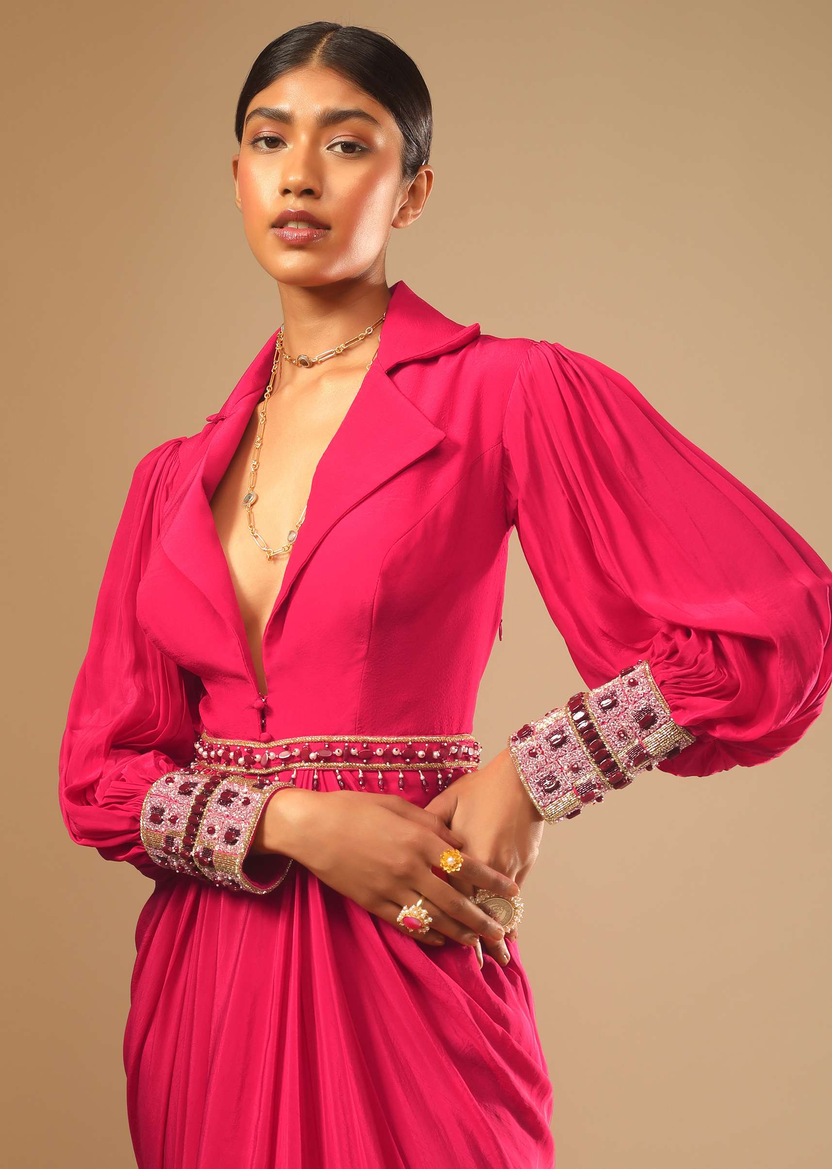 8756-hot-pink-dress-with-a-chunky-embroidered-bishop-sleeves-and-collar-neckline-2.jpg Hot Pink Dress With A Chunky Embroidered Bishop Sleeves And Collar Neckline