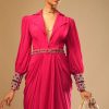 8756-hot-pink-dress-with-a-chunky-embroidered-bishop-sleeves-and-collar-neckline-3.jpg Hot Pink Dress With A Chunky Embroidered Bishop Sleeves And Collar Neckline