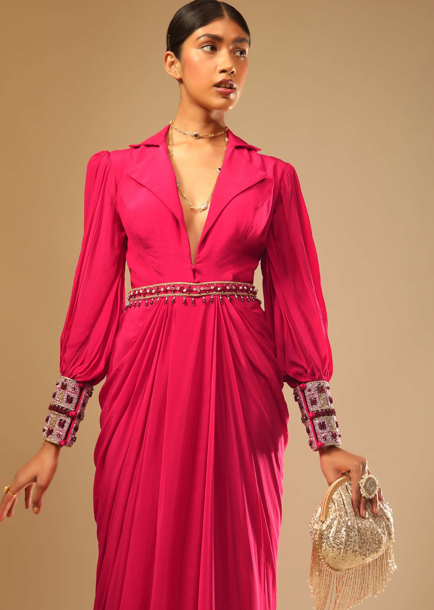 8756-hot-pink-dress-with-a-chunky-embroidered-bishop-sleeves-and-collar-neckline-3.jpg Hot Pink Dress With A Chunky Embroidered Bishop Sleeves And Collar Neckline