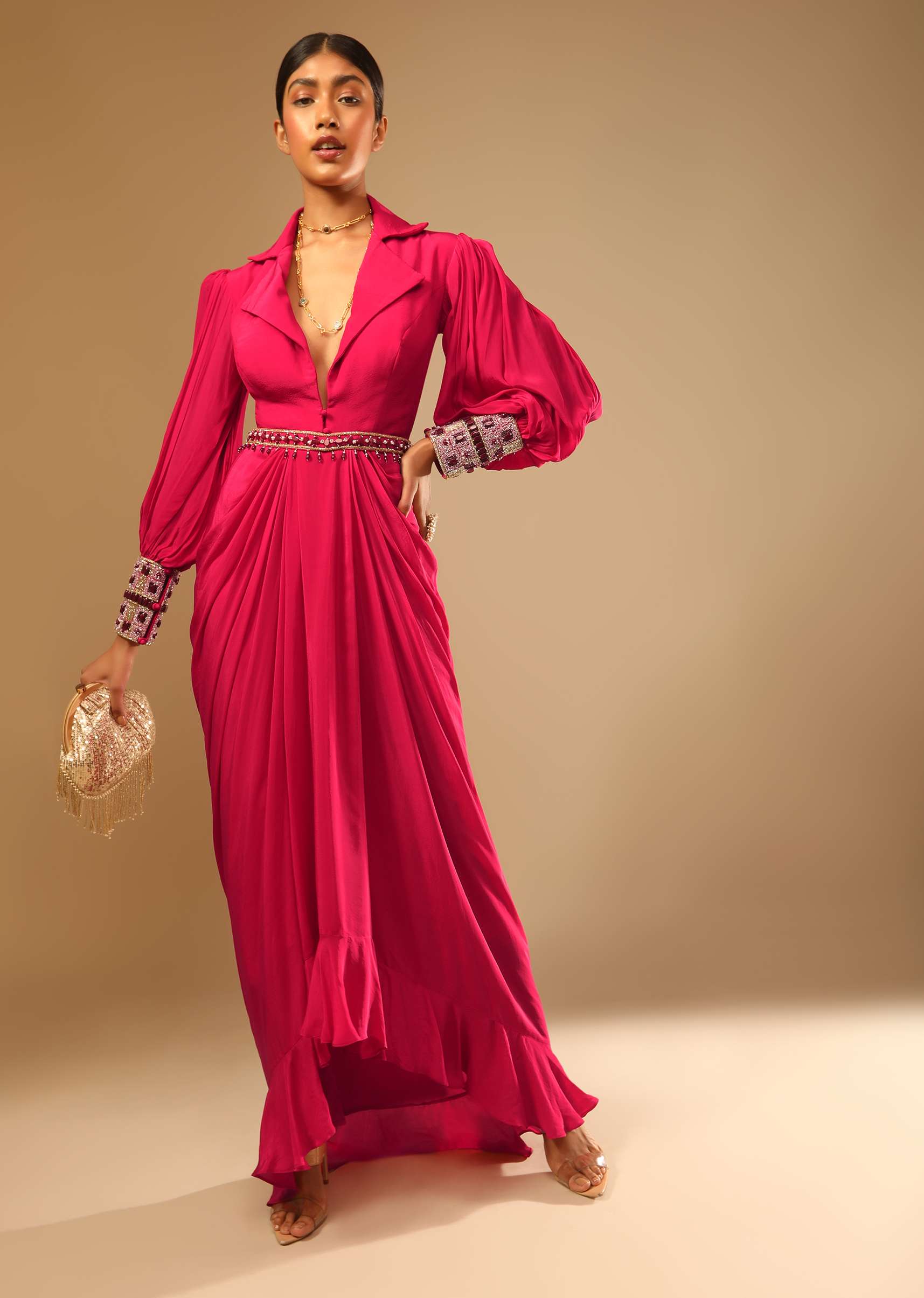 8756-hot-pink-dress-with-a-chunky-embroidered-bishop-sleeves-and-collar-neckline-4.jpg Hot Pink Dress With A Chunky Embroidered Bishop Sleeves And Collar Neckline